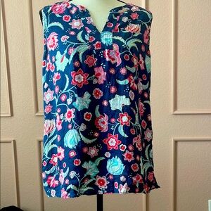 Talbots 100 % Linen Sleeveless Top Blue with Floral Detail Size Medium